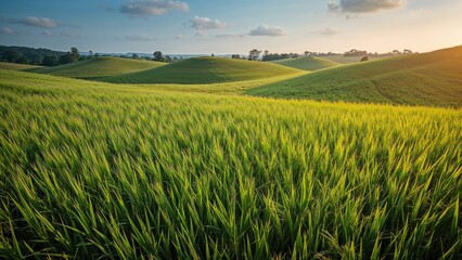 Aerial view of lush rice paddies thriving in rural farmland