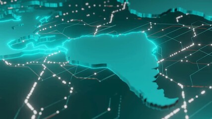 Digital map of South America with glowing red connections and data nodes. Futuristic 3D render in blue and black color scheme. Global network and technology concept - Powered by Adobe