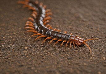 Fototapeta premium Detailed Macro Shot of a Centipede Crawling on Textured Brown Ground