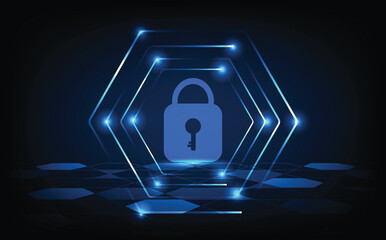 Cybersecurity technology background with glowing padlock and hexagonal digital elements, symbolizing secure data protection, internet safety, privacy, and encrypted access system