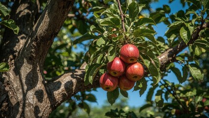 Obraz premium Close-up of vibrant red apples on a tree in the garden with a sunny sky backdrop