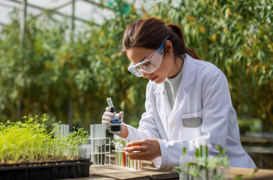 Scientist examining plant samples in a greenhouse laboratory setting