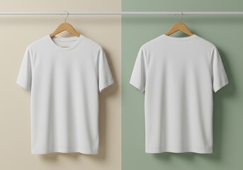 Plain white t-shirt mockup with front and back views. Unisex apparel hanging on a wooden hanger against a stylish dual-colored background.