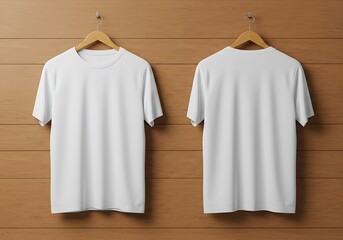 Plain white t-shirt mockup with front and back views on a wooden hanger against a split-color background