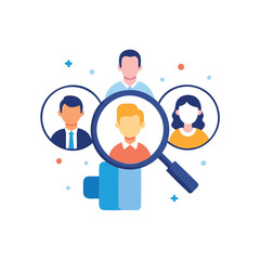Fototapeta premium Magnifying glass focusing on a chosen person among a group of people isolated on white background