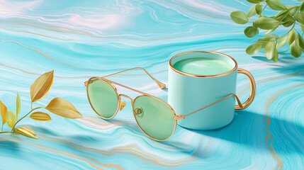 light gold-framed sunglasses with green lenses, a pastel blue drink in a mug with a gold detail, and soft green foliage, light blue and white marble-like backdrop with hints of gold.