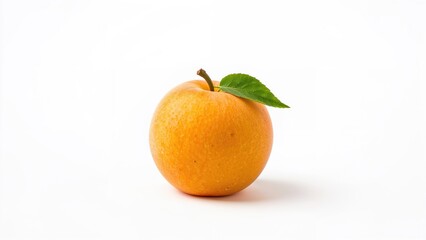 Close-up of a juicy nectarine or apricot featuring a tiny green leaf against a white backdrop, with room for text
