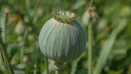 Edible seeds inside the rounded capsule of a breadseed poppy as it reaches maturity.