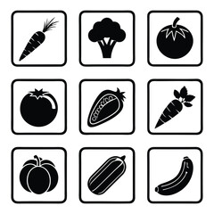 Collection of nine black and white silhouette icons representing various fresh vegetables arranged in a grid