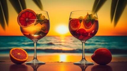 Summer holiday background with two cocktail glasses on tropical beach sunset background