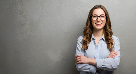 Confident young woman wearing eyeglasses and standing on gray wall. Portrait of smiling businesswoman isolated against grey background with copy space. Proud student girl with specs looking at camera.