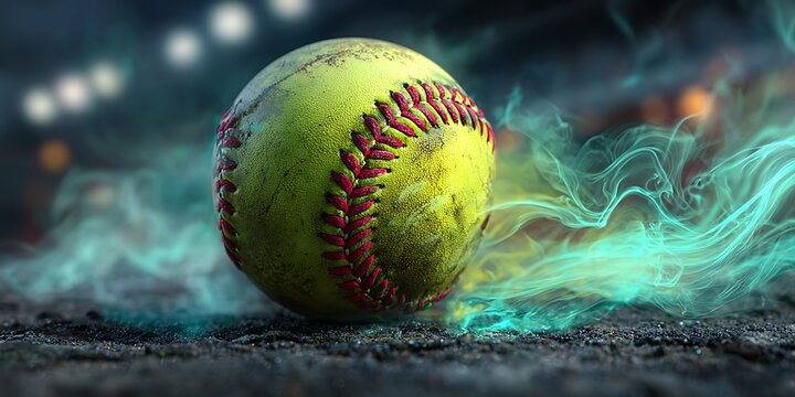 Intense softball action shot with dramatic green smoke effect perfect for sports advertising and promotional materials - Powered by Adobe
