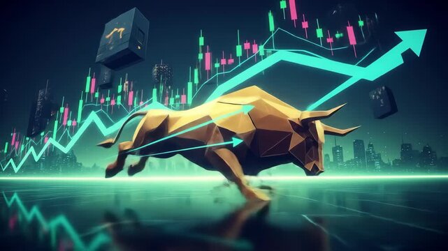 Dynamic golden bull illustrates stock market growth and success