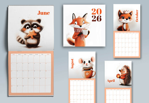 2026 Calendar Layout with Cute Animals Images 