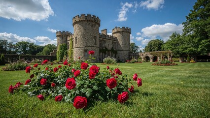 Red roses blooming in vibrant gardens surrounding stone castle on sunny summer day with blue sky and fluffy clouds