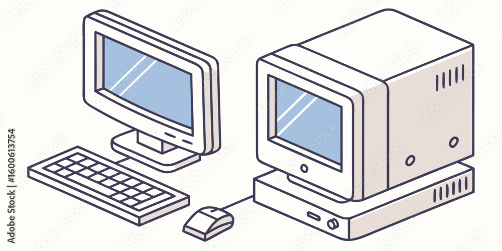 Poster retro computer setup with monitor keyboard and mouse