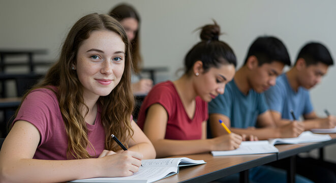 Satisfied young woman looking at camera. Team of multiethnic students preparing for university exam. Portrait of girl with freckles sitting in a row with her classmates during high school exam.