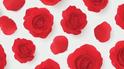 Obraz premium Red roses and petals on white background floral pattern Flowers Red petals