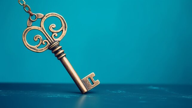Vintage gold key on blue background life coaching solution or self realization concept