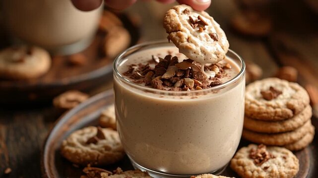 Creamy dessert in a glass topped with crunchy bits and a cookie, surrounded by additional cookies on a rustic wooden table, inviting indulgence and comfort