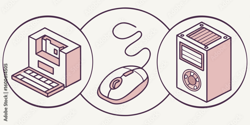 Poster retro computer components in circular frames