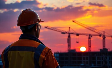 A construction worker in safety gear stands silhouetted against a vibrant sunset filled with orange and purple hues overlooking cranes on a bustling construction site Vibrant Rim Light technology vibr