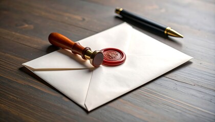 Sealed white envelope on wooden table with pen