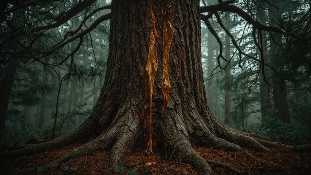 Signs of tree ailments shown by resin seeping from pine bark