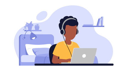 Person with headphones using laptop, perfect for online education or remote work landing page.