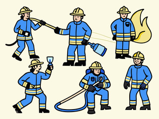 Diverse firefighters in action with hoses and equipment