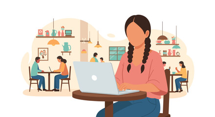 Woman working on laptop in a cozy cafe, perfect for blog posts about remote work or coffee shop culture.