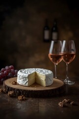 Elegant Brie Cheese and Ros&eacute; Wine Setup on Rustic Wood for Wine Night Advertisements, Gourmet Event Promotions, culinary blogs, wine bar websites, or hospitality marketing materials