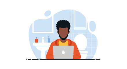 Man working on laptop in bathroom, illustration for work from home, remote work, and flexibility concepts.
