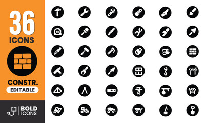 Bold Black Construction Tools and Equipment Vector Icon Set