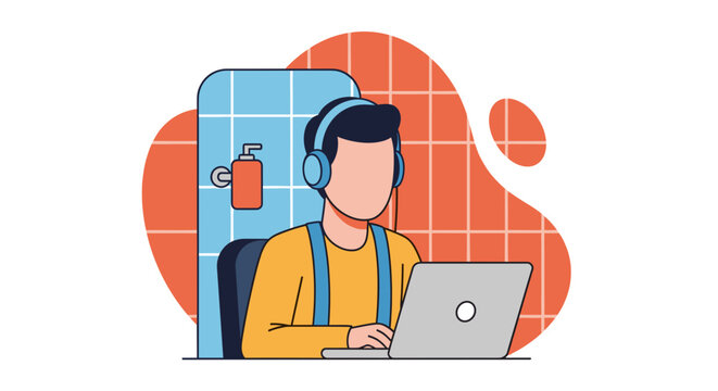 Person working on laptop with headphones in a modern bathroom setting, ideal for blog posts about remote work or wellness.