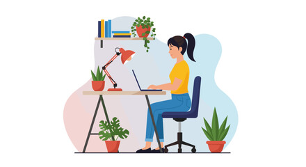 Woman working on laptop at home office, perfect for website banners or blog posts about remote work.