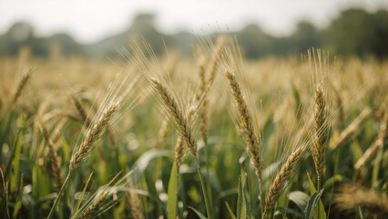 Fototapeta premium Golden wheat ears standing tall in a softly blurred field