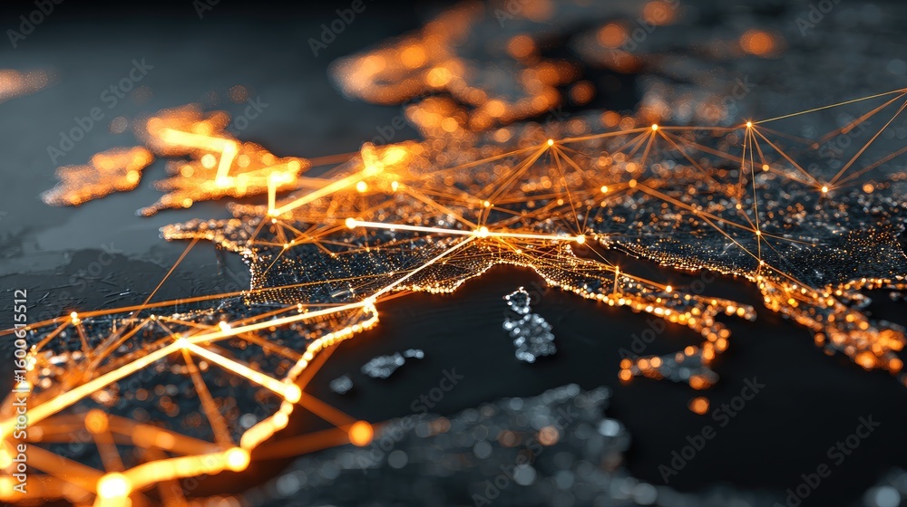 Fototapete network visualization of affiliate strategy using glowing neon lines across a dark digital map