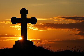 Silhouette of cross at sunset in tall grass symbolizing faith, reflection, and spiritual serenity