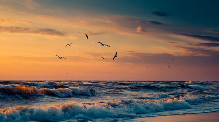 Fototapeta premium Seagulls flying over the sea at sunset, waves and a beautiful sky