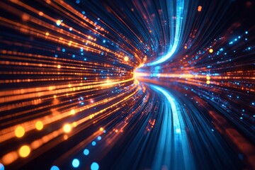 Colorful light streaks and glowing particles in motion representing futuristic data flow and digital speed