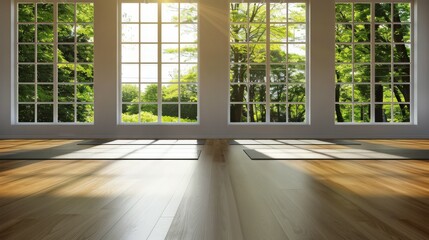 Bright interior of a spacious yoga studio with wooden floors and large windows overlooking lush greenery, creating a tranquil and inviting atmosphere.