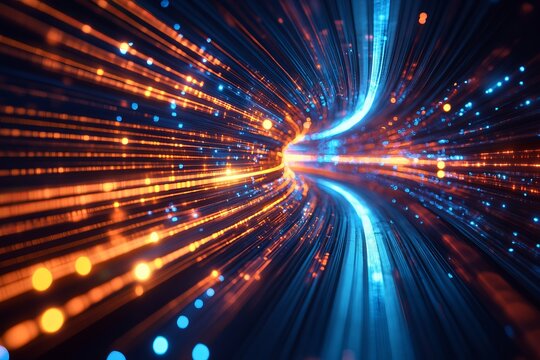 Colorful light streaks and glowing particles in motion representing futuristic data flow and digital speed