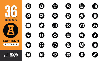 Bold Black Science and Technology Silhouette Icon Set