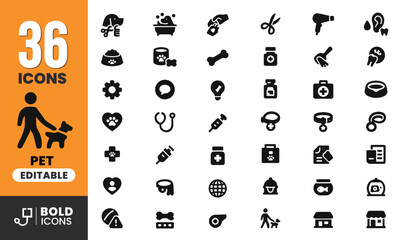 Bold Black Pet Care Vector Icons – Grooming to Vet Supplies