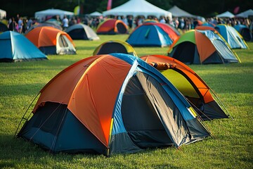 Colorful camping tents pitched on a grassy field during an outdoor summer festival