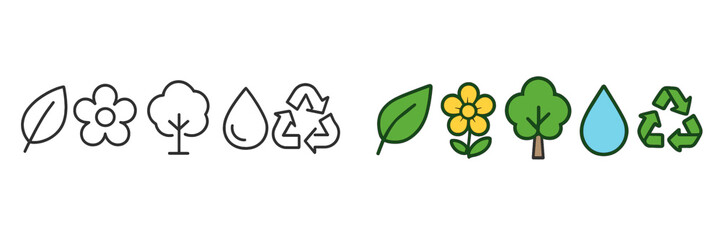 Icons representing nature and environmental themes with simple illustrations of leaves, flowers, and recycling symbols