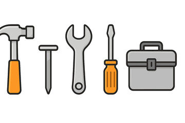 Collection of tools displayed on a white background for home improvement and repair activities