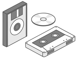 Fototapeta premium Vintage data storage devices floppy disk cd and cassette tape