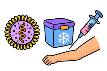 Vaccine administration process showcasing virus representation, storage, and injection on an arm at a healthcare facility